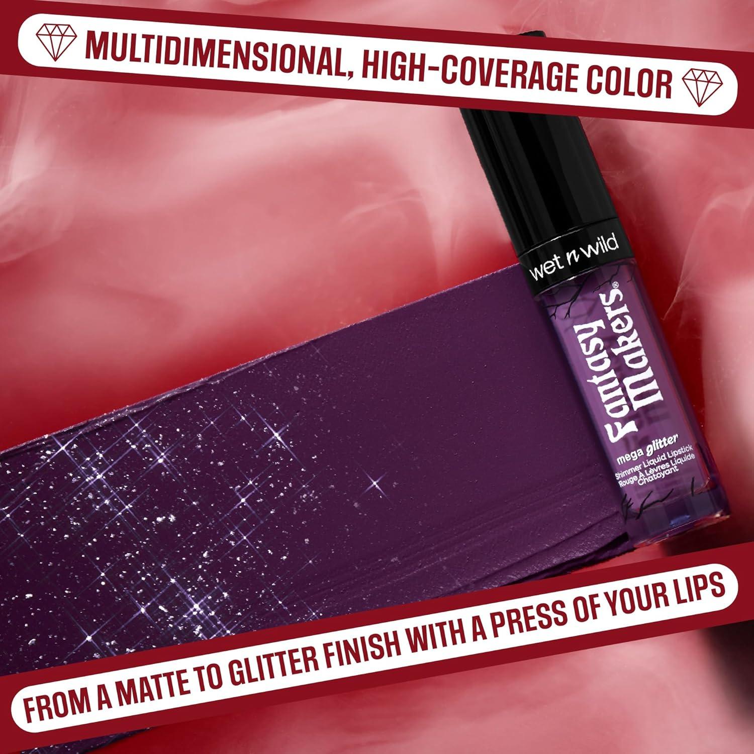 wet n wild Halloween Fantasy Makers Mega Glitter Shimmer Liquid Lipstick,High Pigmented Creamy Texture, Shimmery Blendable Formula, Cruelty-Free – Witchful Thinking