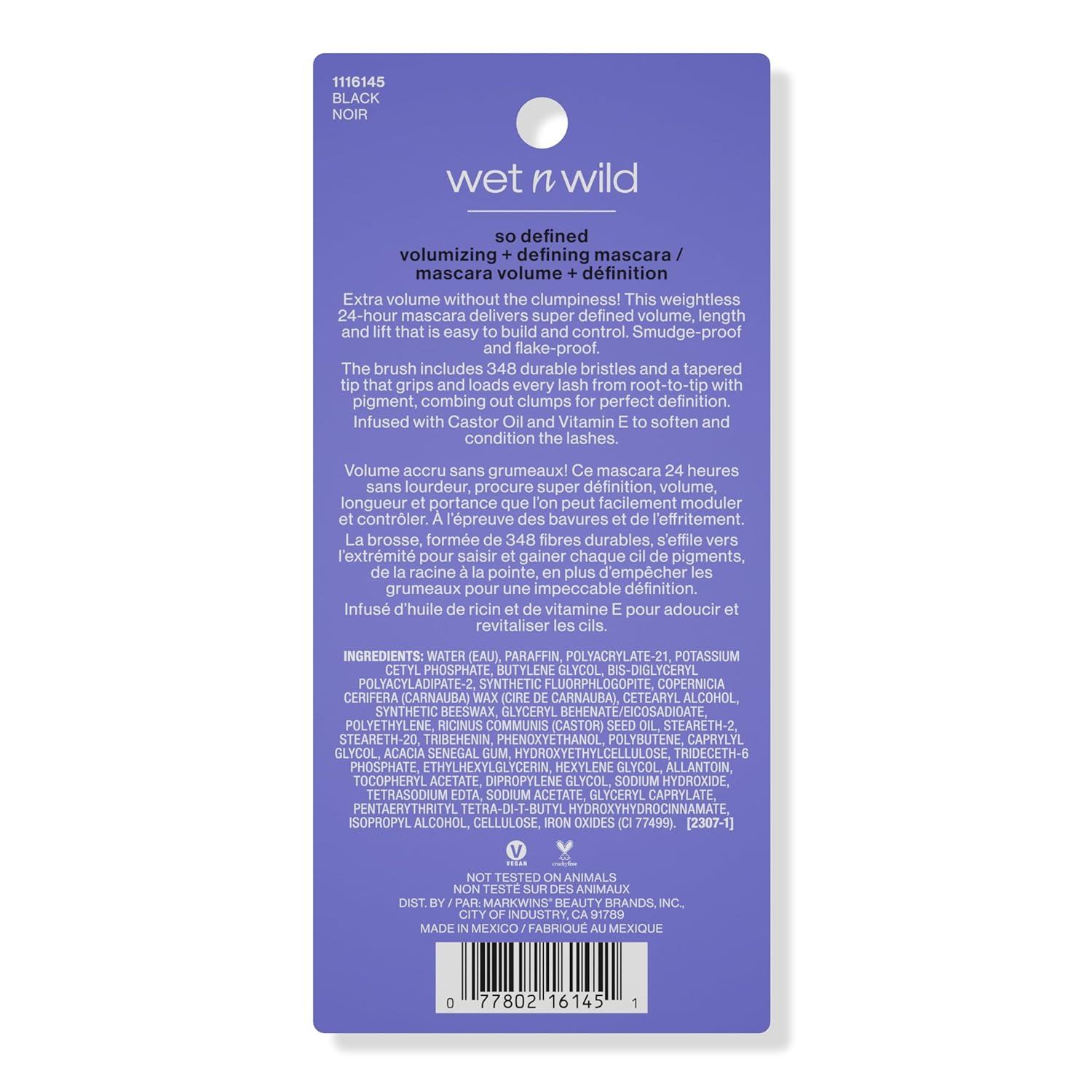 wet n wild So Defined Mascara, Volumizing & Lengthining with a Buildable Castor Oil-Infused Formula, Long-Lasting Clump-Free Application for Visibly lifted lashes, Vegan & Cruelty-Free – BLACK(Black)