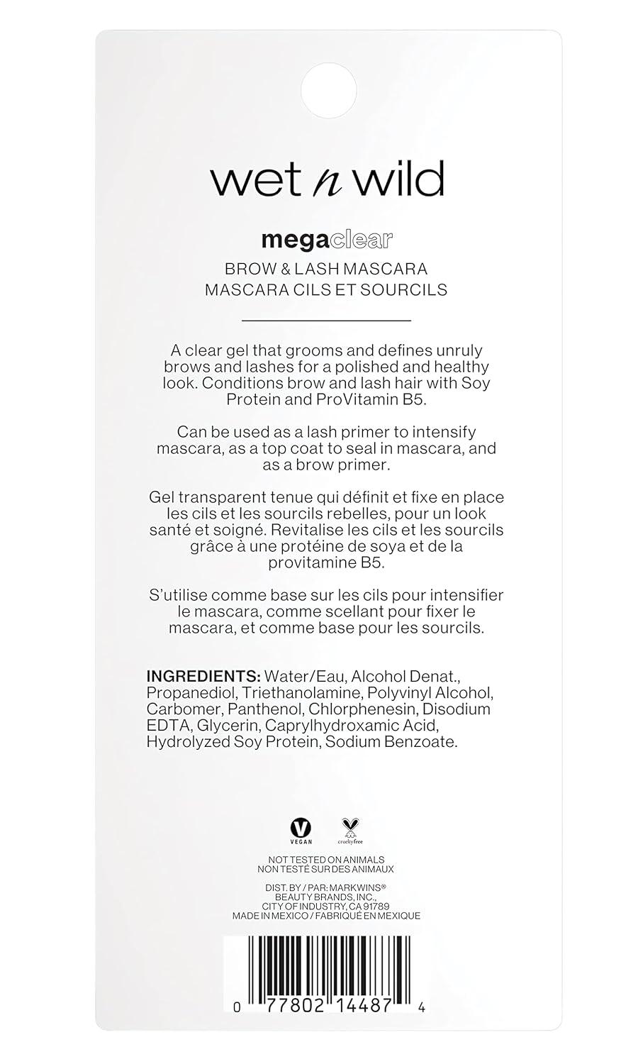 wet n wild Mega Clear Brow & Lash Mascara – Sculpts Brows, Defines Lashes, Conditioning with Soy Protein & ProVitamin B5, Primer & Top Coat, Cruelty-Free & Vegan – Clear(Clear)