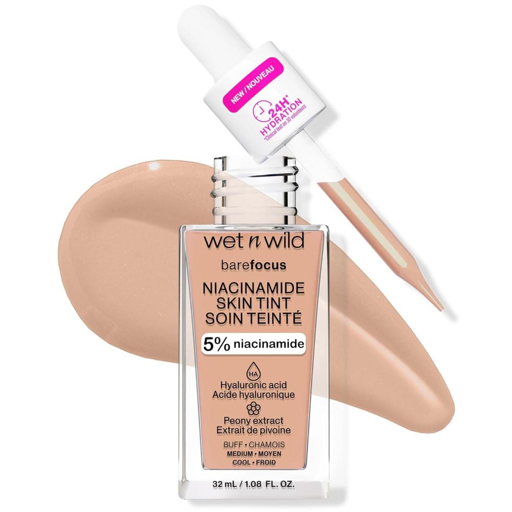 wet n wild Bare Focus Skin Tint, 5% Niacinamide Enriched, Buildable Sheer Lightweight Coverage, Natural Radiant Finish, Hyaluronic & Vitamin Hydration Boost, Cruelty-Free & Vegan – Fair Beige(Buff)