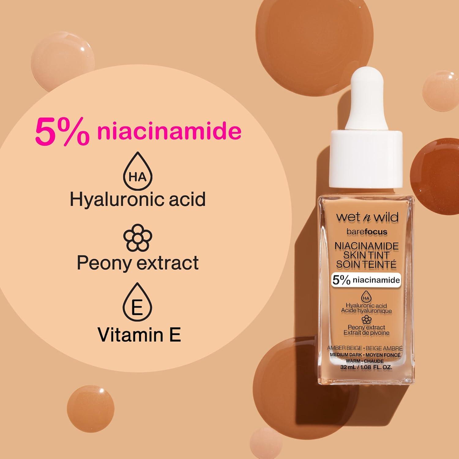 wet n wild Bare Focus Skin Tint, 5% Niacinamide Enriched, Buildable Sheer Lightweight Coverage, Natural Radiant Finish, Hyaluronic & Vitamin Hydration Boost, Cruelty-Free & Vegan – Fair Beige(Medium Beige)