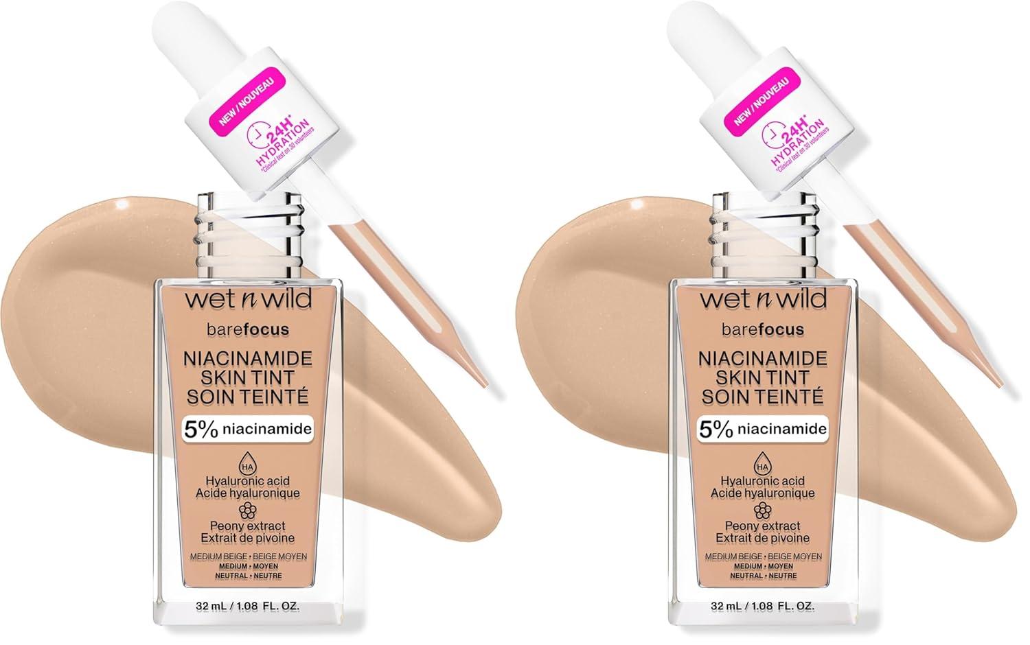 wet n wild Bare Focus Skin Tint, 5% Niacinamide Enriched, Buildable Sheer Lightweight Coverage, Natural Radiant Finish, Hyaluronic & Vitamin Hydration Boost, Cruelty-Free & Vegan – Fair Beige(Medium Beige)