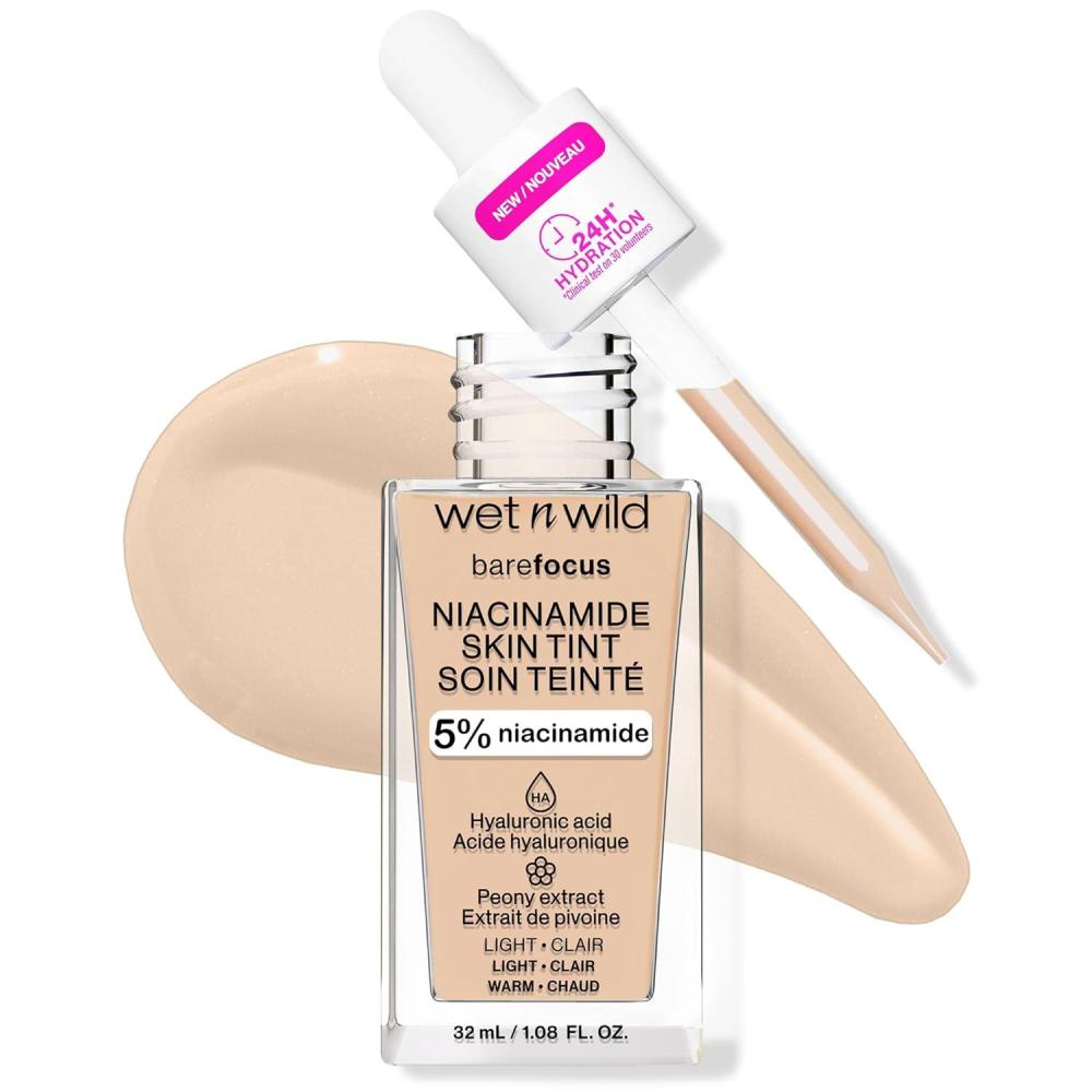 wet n wild Bare Focus Skin Tint, 5% Niacinamide Enriched, Buildable Sheer Lightweight Coverage, Natural Radiant Finish, Hyaluronic & Vitamin Hydration Boost, Cruelty-Free & Vegan – Fair Beige(Light)