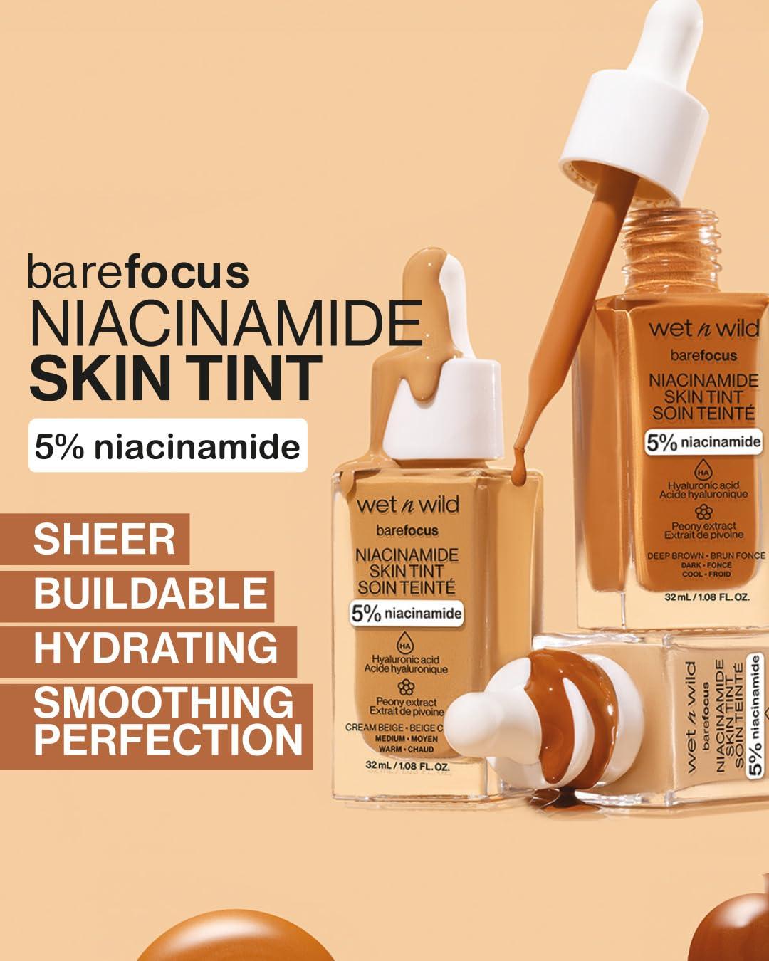 wet n wild Bare Focus Skin Tint, 5% Niacinamide Enriched, Buildable Sheer Lightweight Coverage, Natural Radiant Finish, Hyaluronic & Vitamin Hydration Boost, Cruelty-Free & Vegan – Fair Beige(Light)