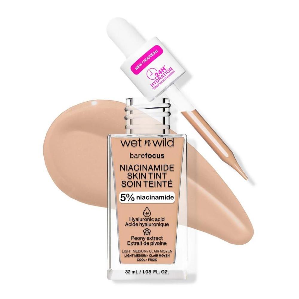 wet n wild Bare Focus Skin Tint, 5% Niacinamide Enriched, Buildable Sheer Lightweight Coverage, Natural Radiant Finish, Hyaluronic & Vitamin Hydration Boost, Cruelty-Free & Vegan – Fair Beige(Light Medium Sand)