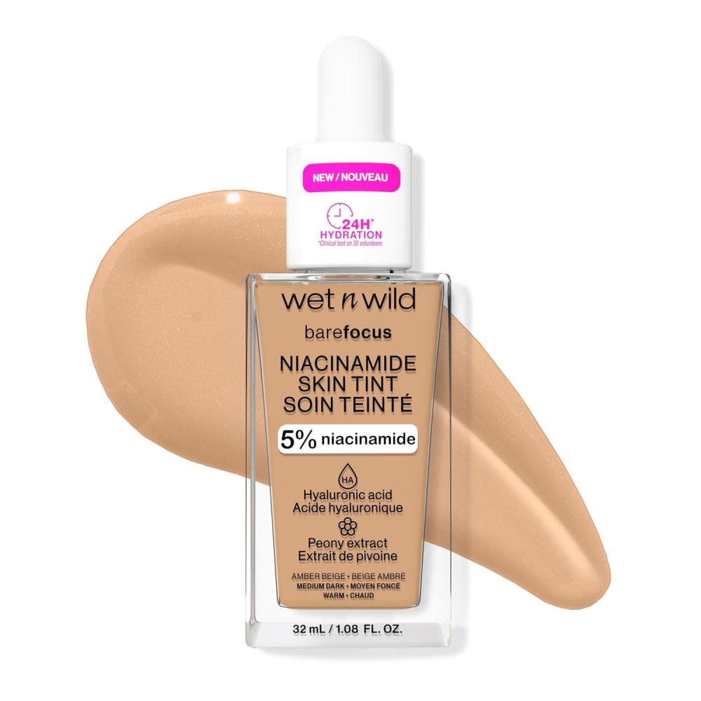 wet n wild Bare Focus Skin Tint, 5% Niacinamide Enriched, Buildable Sheer Lightweight Coverage, Natural Radiant Finish, Hyaluronic & Vitamin Hydration Boost, Cruelty-Free & Vegan – Fair Beige(Amber Beige)