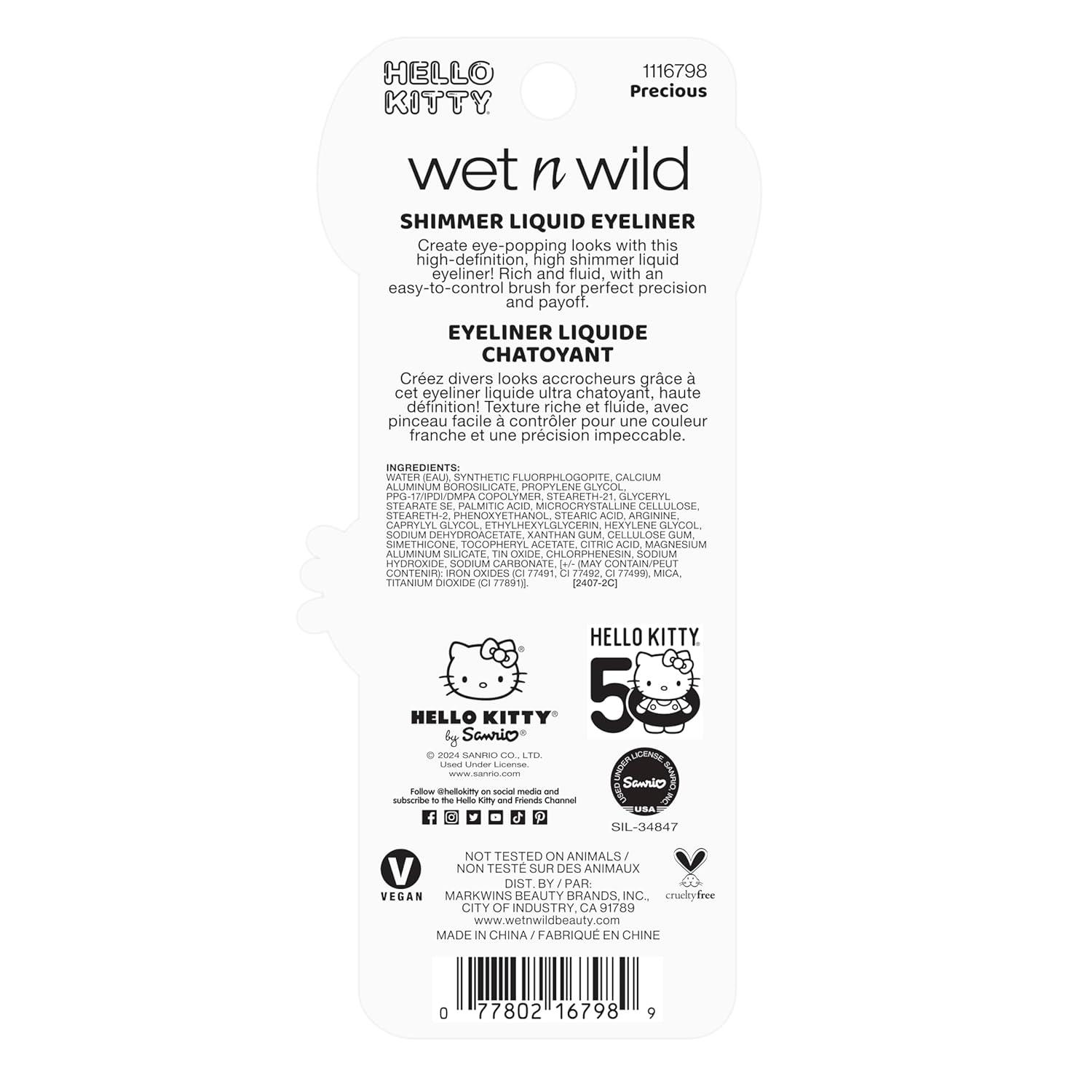wet n wild Hello Kitty Shimmer Liquid Eyeliner, Richly Pigmented Iridescent Pearl Particles, Smooth & Easy Brush Application, Cruelty-Free & Vegan – Precious