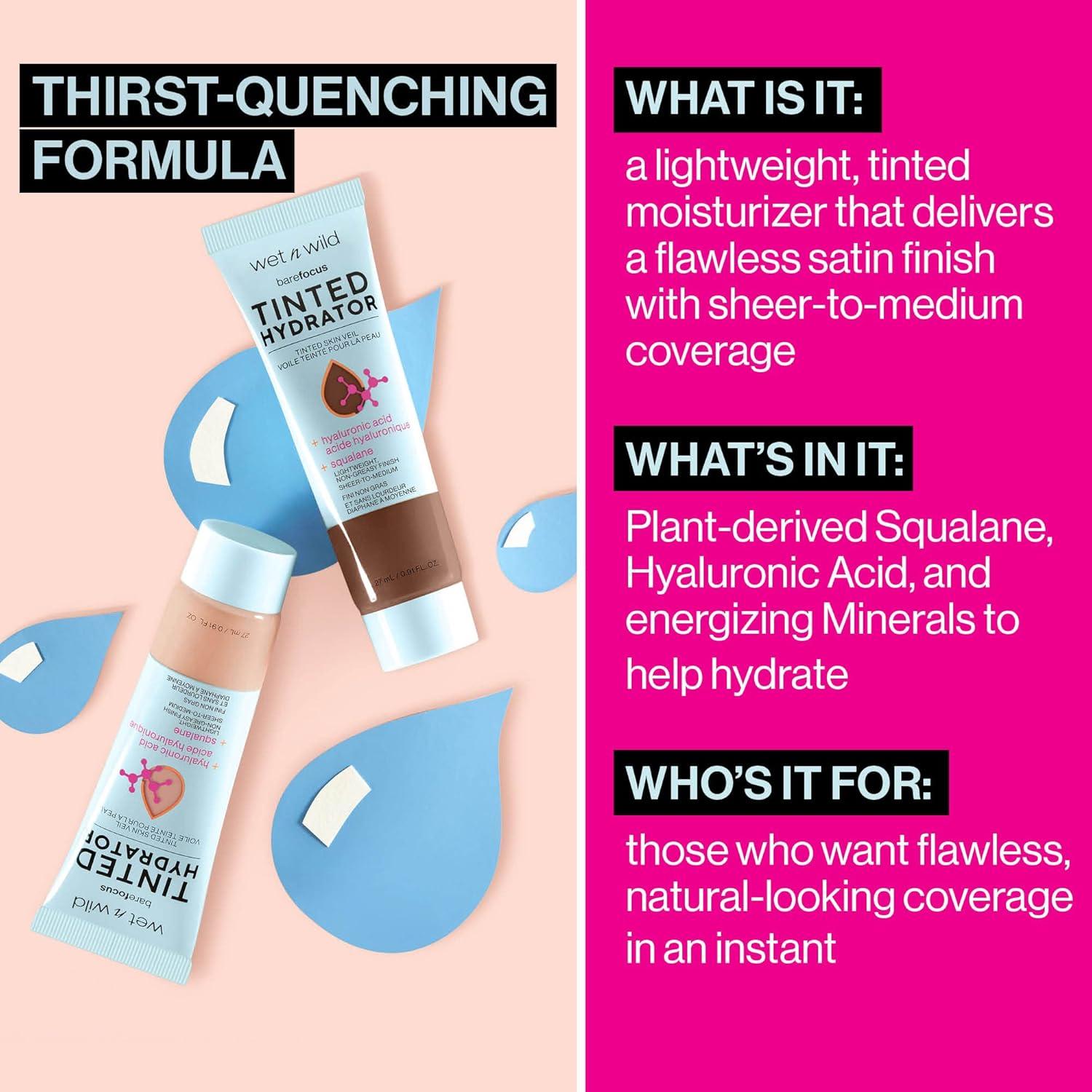 wet n wild Bare Focus Tinted Hydrator Tinted Skin Veil, Lightweight Buildable Coverage with Hyaluronic Acid & Vegan Squalane, Sheer-to-Medium Coverage, Semi-Matte Finish, Cruelty-Free – Light Medium(Porecelain)