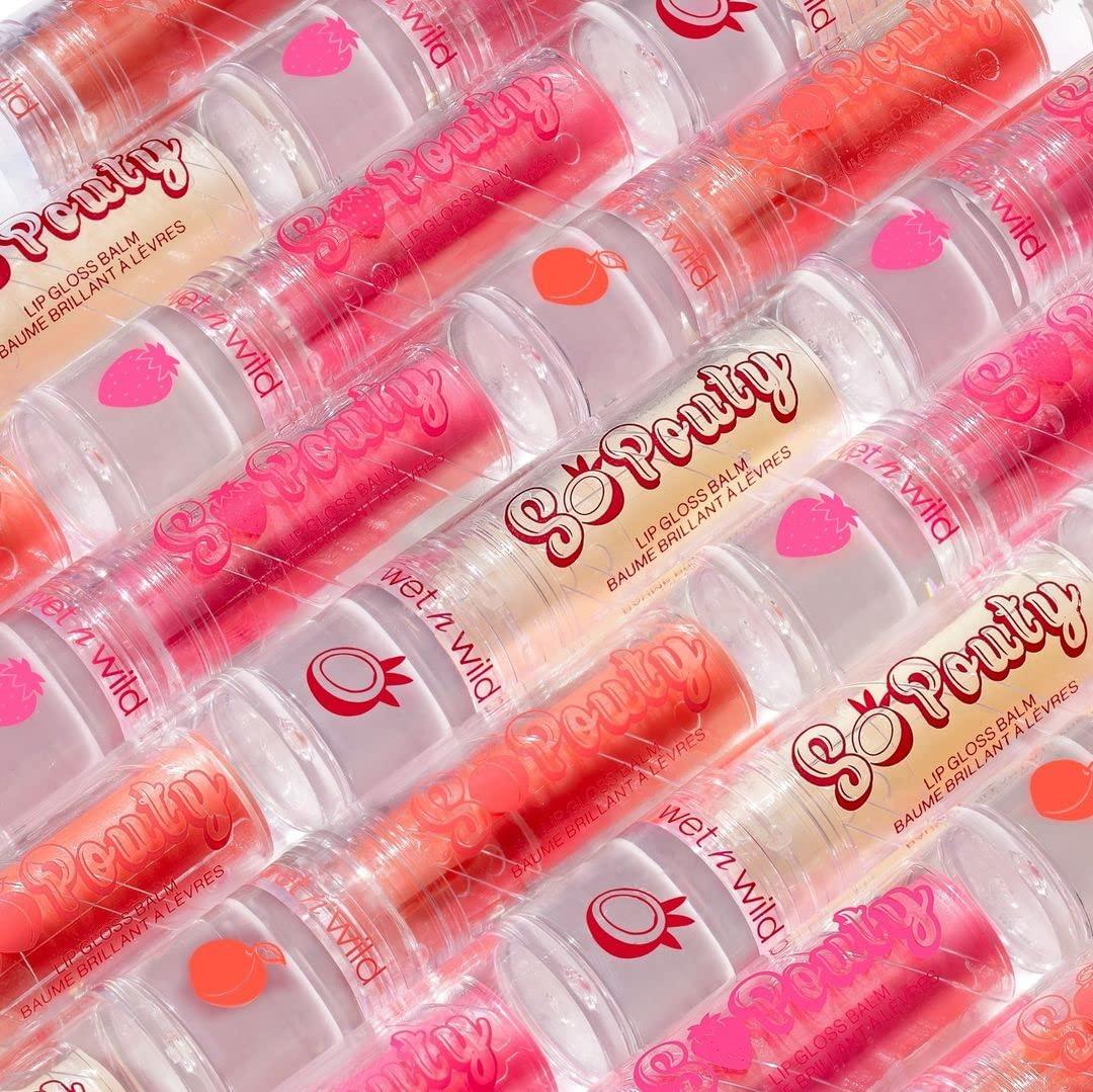 wet n wild Perfect Pout So Pouty Shine Tinted Lip Balm Peach Flavored, Hyaluronic Acid, Vegan Collagen, Moisturizing For Dry Lip Care, Pink(Peach Bum)