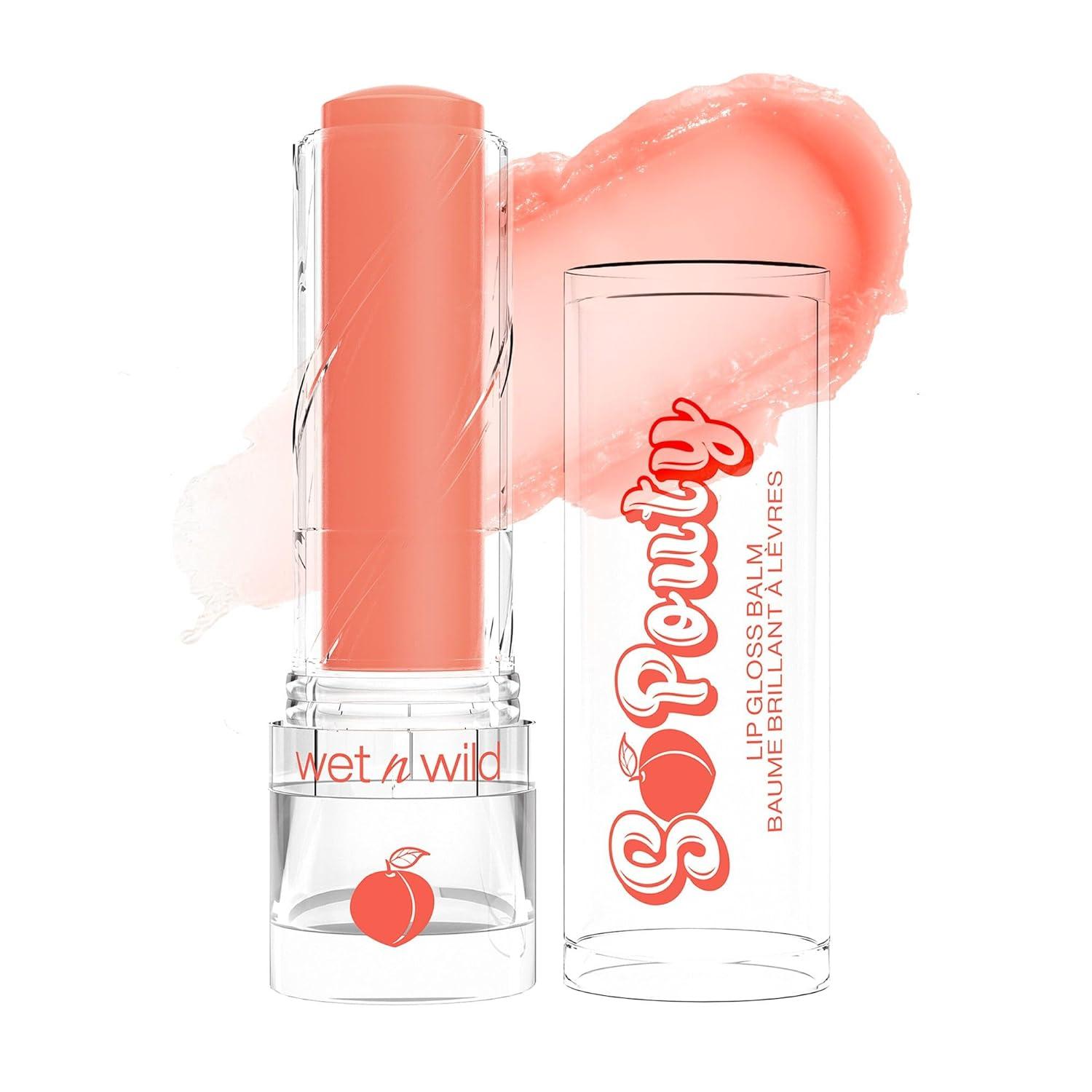 wet n wild Perfect Pout So Pouty Shine Tinted Lip Balm Peach Flavored, Hyaluronic Acid, Vegan Collagen, Moisturizing For Dry Lip Care, Pink(Peach Bum)