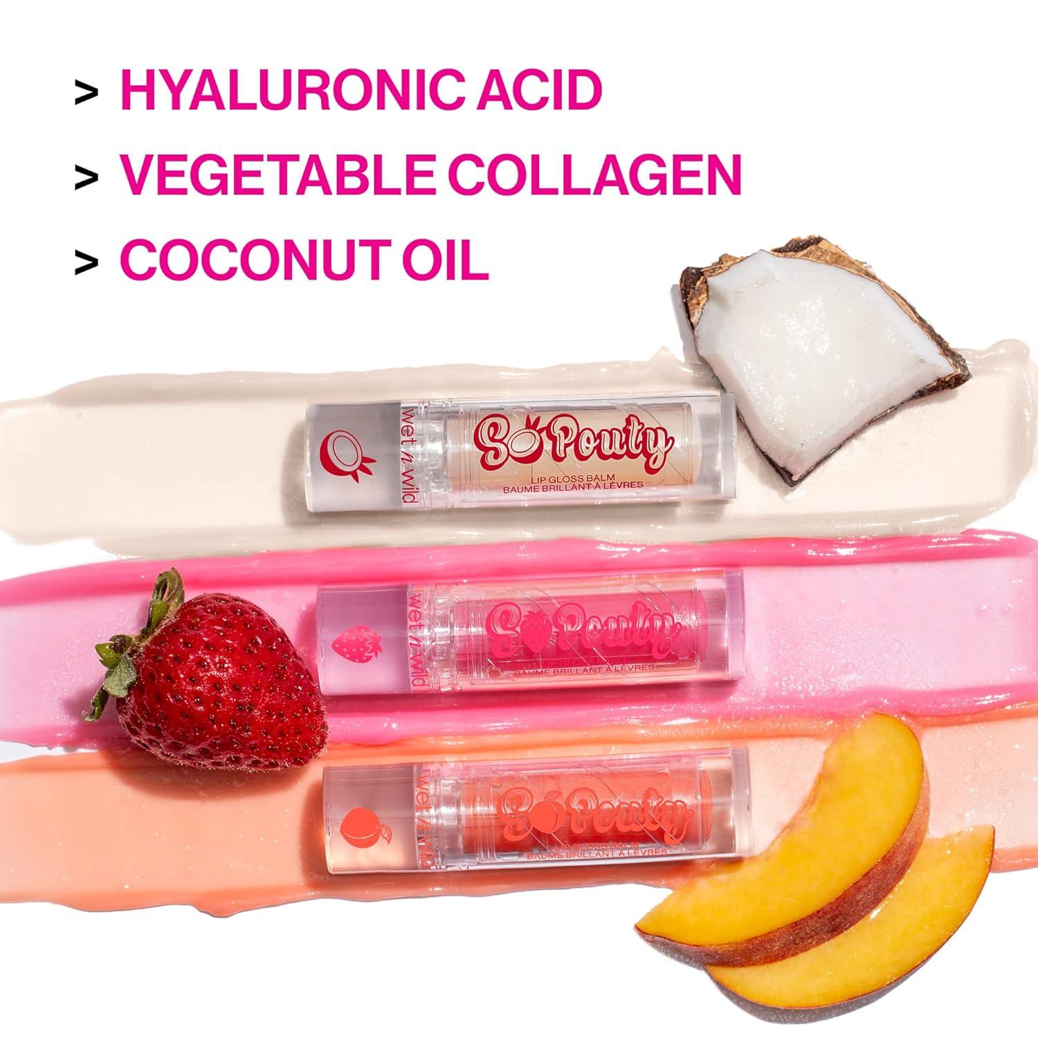 wet n wild Perfect Pout So Pouty Shine Tinted Lip Balm Peach Flavored, Hyaluronic Acid, Vegan Collagen, Moisturizing For Dry Lip Care, Pink(Peach Bum)