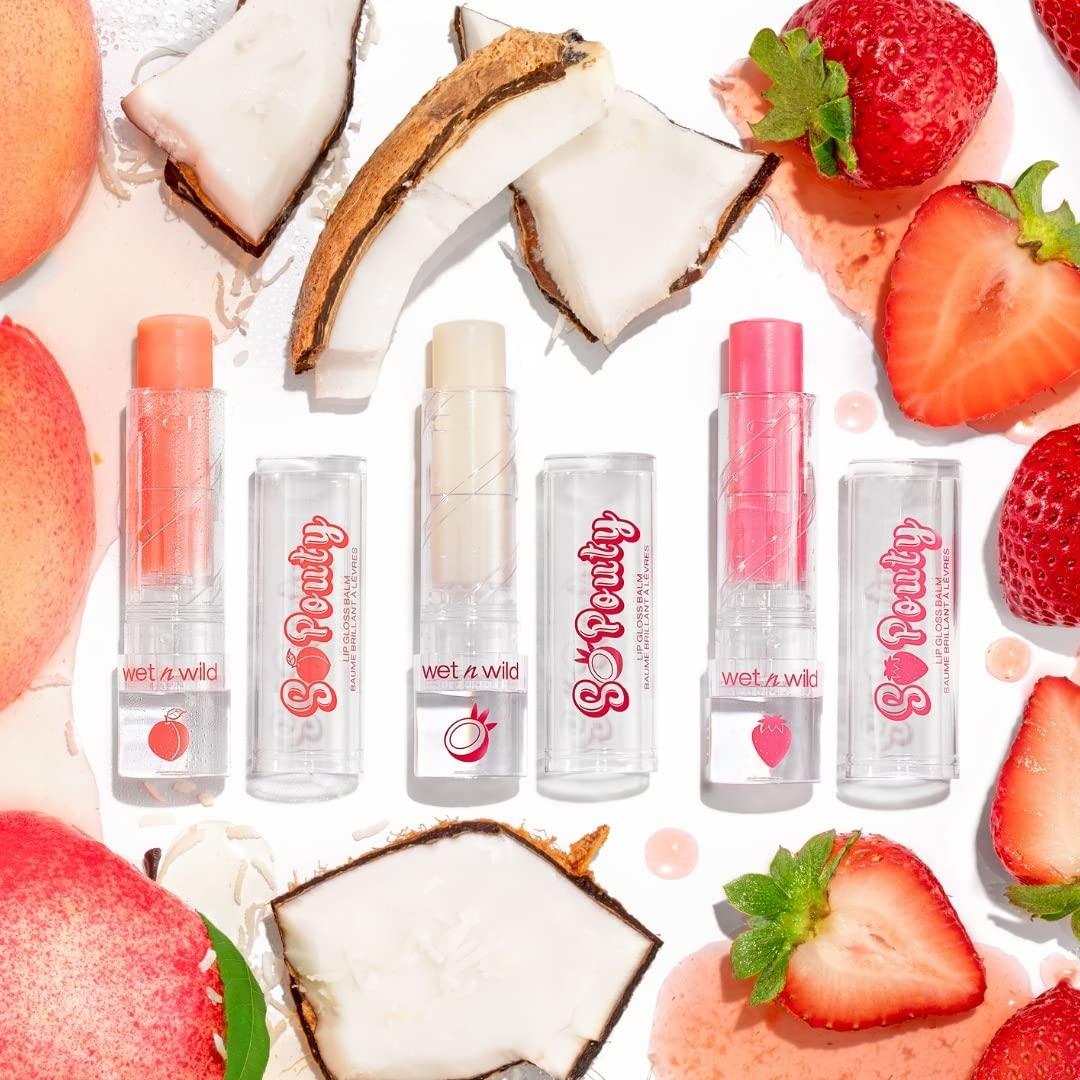 wet n wild Perfect Pout So Pouty Shine Tinted Lip Balm Peach Flavored, Hyaluronic Acid, Vegan Collagen, Moisturizing For Dry Lip Care, Pink(Coconuts For You)