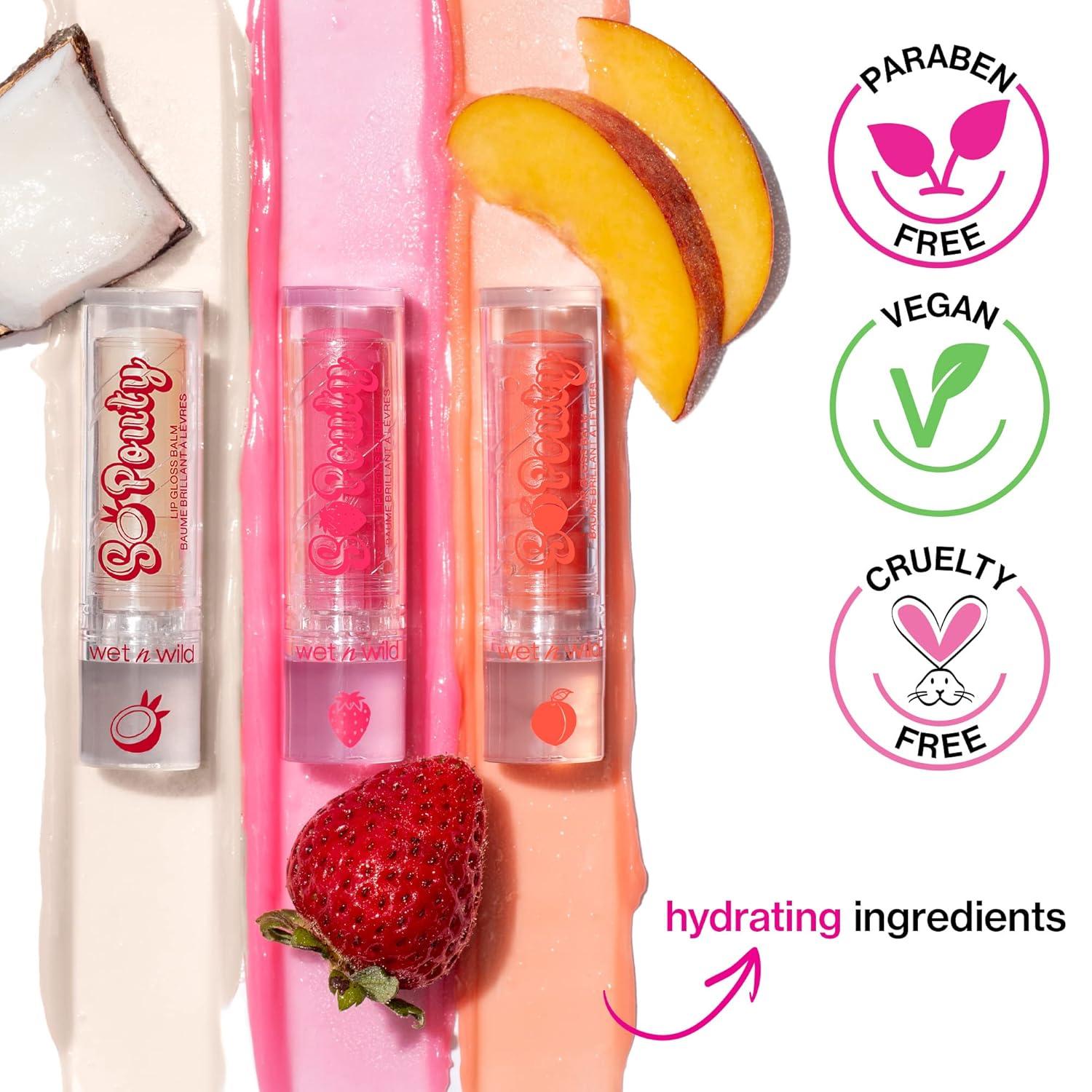 wet n wild Perfect Pout So Pouty Shine Tinted Lip Balm Peach Flavored, Hyaluronic Acid, Vegan Collagen, Moisturizing For Dry Lip Care, Pink(Coconuts For You)