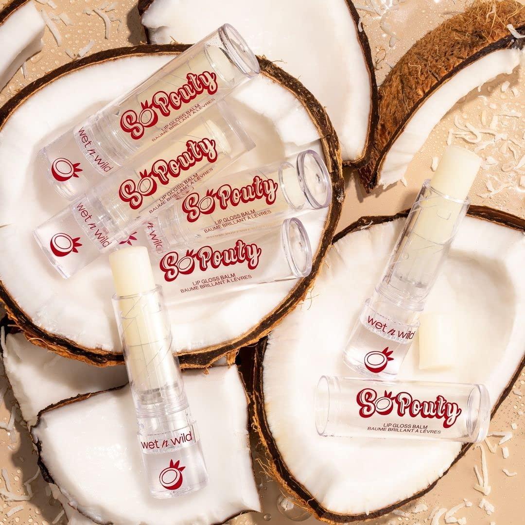 wet n wild Perfect Pout So Pouty Shine Tinted Lip Balm Peach Flavored, Hyaluronic Acid, Vegan Collagen, Moisturizing For Dry Lip Care, Pink(Coconuts For You)