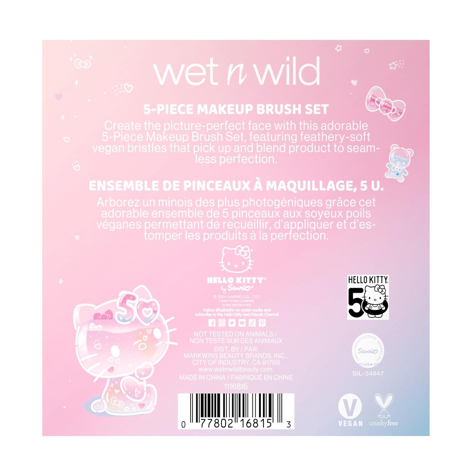 wet n wild Hello Kitty 5-Piece Makeup Brush Set, Buildable & Blendable Multifunctional Seamless Application, Cruelty-Free & Vegan Feathery Soft Bristles