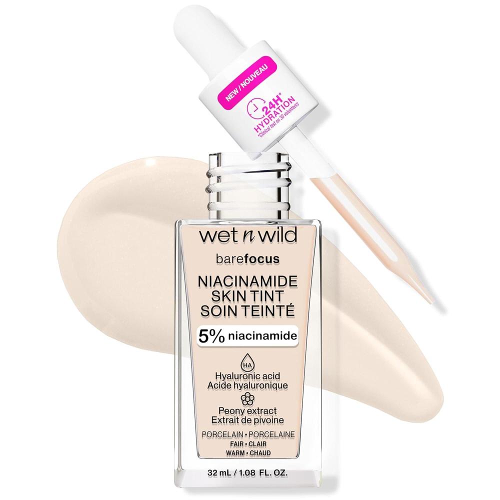 wet n wild Bare Focus Skin Tint, 5% Niacinamide Enriched, Buildable Sheer Lightweight Coverage, Natural Radiant Finish, Hyaluronic & Vitamin Hydration Boost, Cruelty-Free & Vegan – Fair Beige(Porcelain)