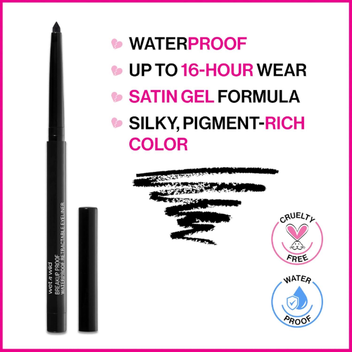wet n wild Mega Last Breakup Proof Waterproof Retractable Gel Eyeliner – Ultra Pigmented 16-Hour Long Wear, Smudge Proof Satin Finish Formula, Cruelty-Free & Vegan – Charcoal(Blackest Black)